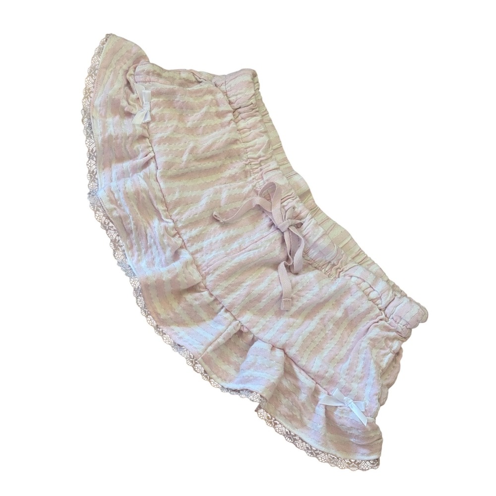 Y2K style Up-cycled Croft & Barrow Pink White Striped Ruffle Skirt Lace Bows